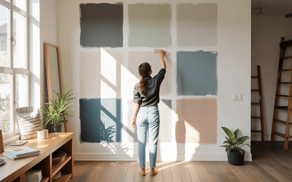 Woman testing home colour design combination with pastel and bold wall paint swatches