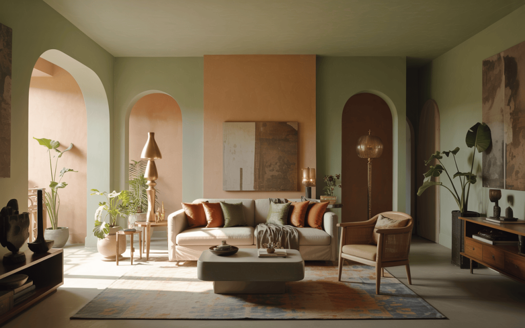Modern interior home colour design with pastel green, peach and neutral tones