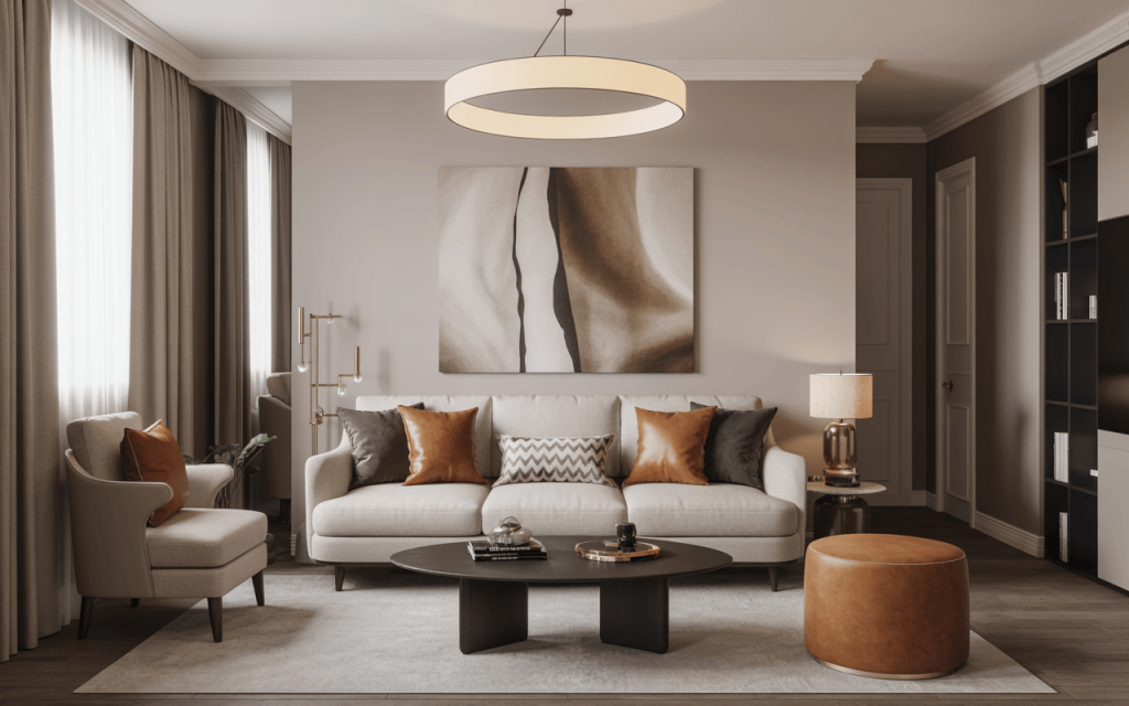 Elegant interior home colour design with neutral tones and cozy modern furniture