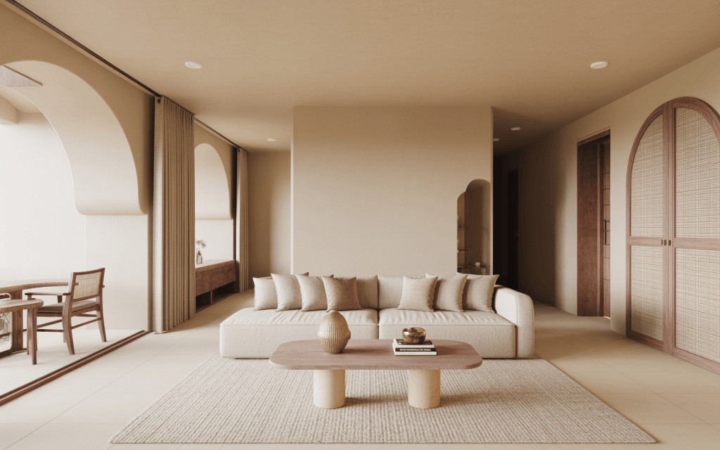 Elegant simple home colour design with soft beige tones and arched architecture