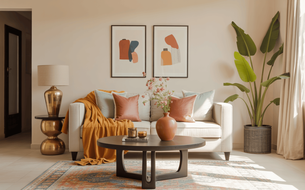 Elegant interior home colour design with cozy tones, decor, and natural accents