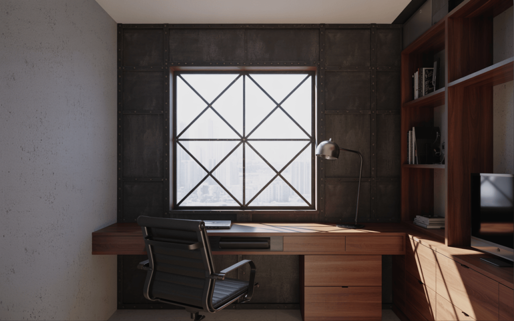 Stylish simple window grill design 2025 with geometric lines in modern home office