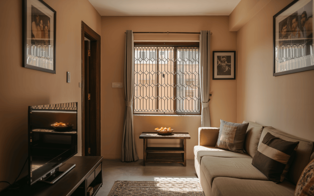 Elegant simple window grill design for indian homes in a warm-toned living space