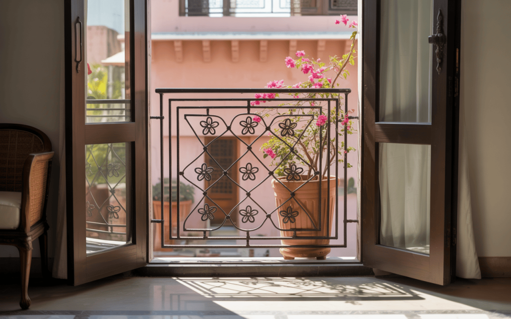 Charming simple window grill design for indian homes with floral patterns and sunlight