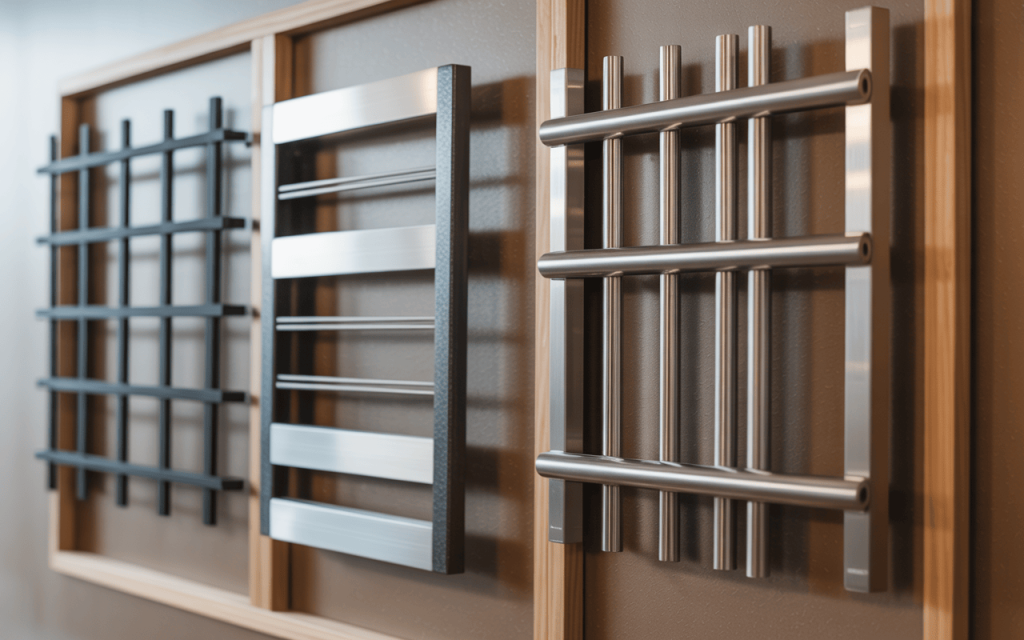 Display of latest simple window grill design samples in matte black and metallic finish