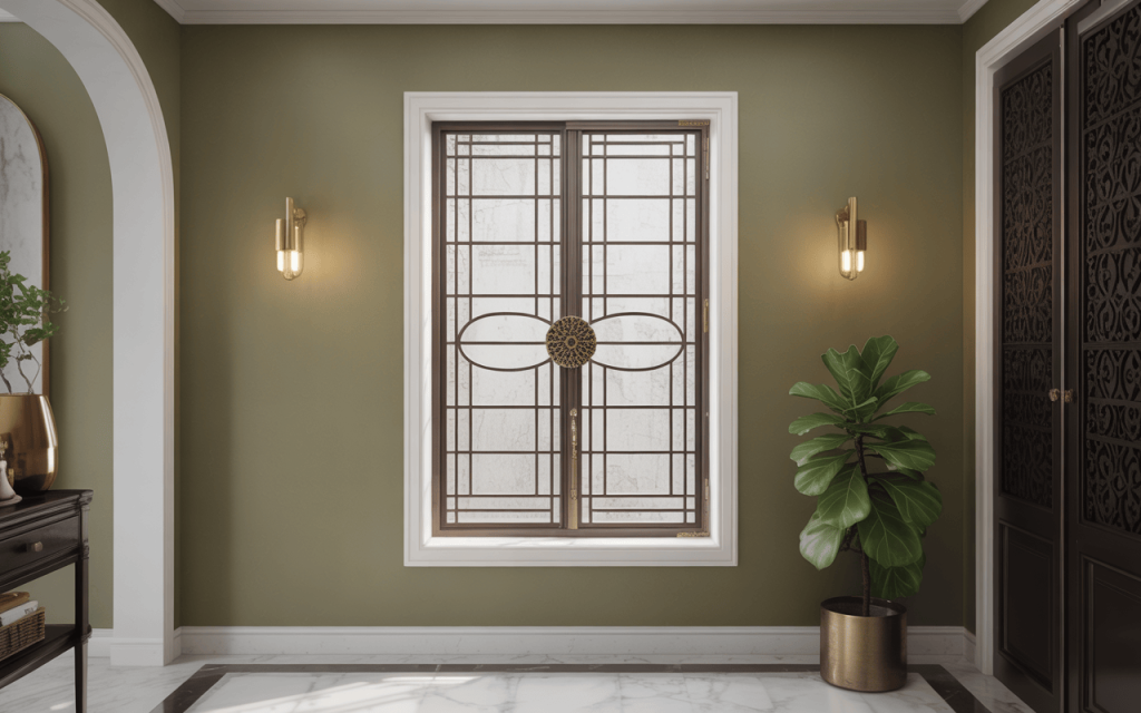 Elegant best simple window grill design in a luxe hallway with gold and green accents
