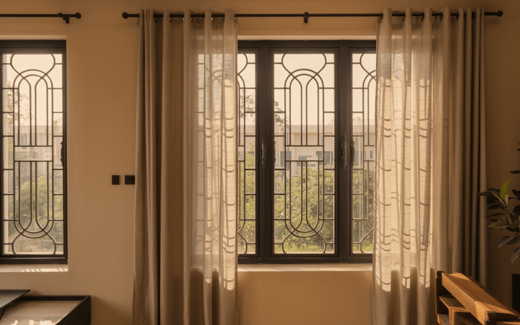 Simple window grill design for home with soft beige curtains and iron frames