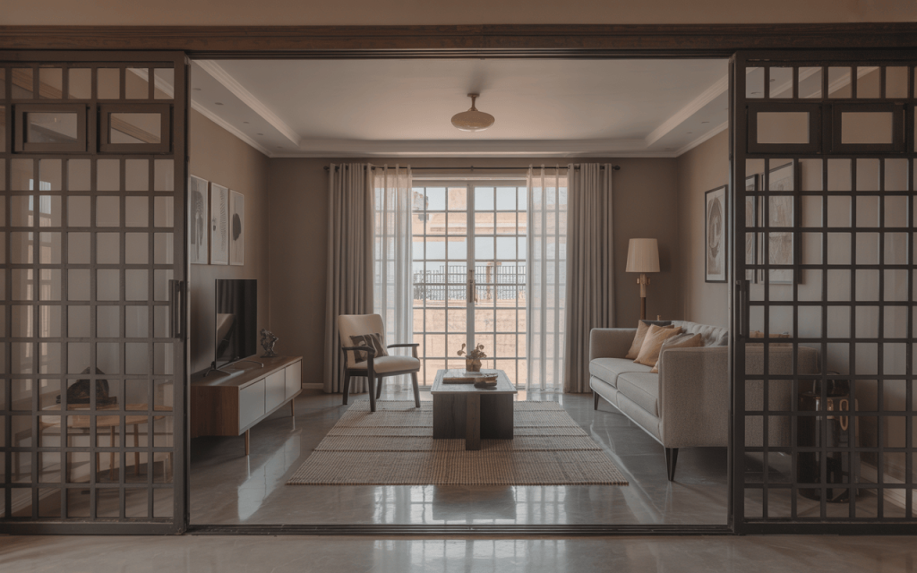 Stylish modern simple window grill design seen from a cozy neutral-toned living room