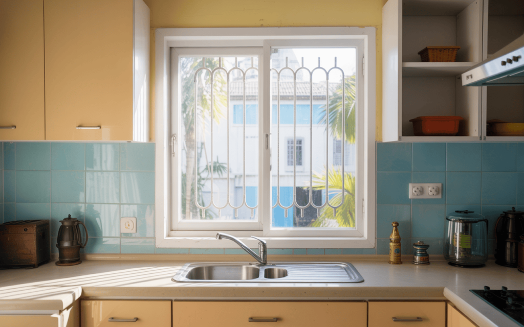 Bright simple window grill design for home kitchen with white bars and soft light