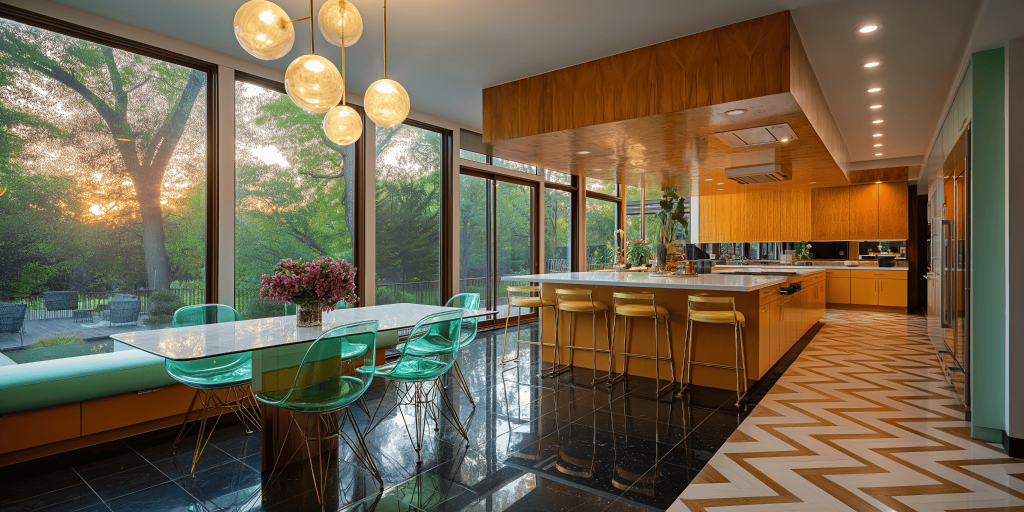 Vibrant modern luxury house design with scenic dining and open kitchen layout