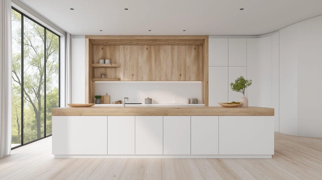 Minimalist modern house interior design with wood-accent kitchen and soft lighting