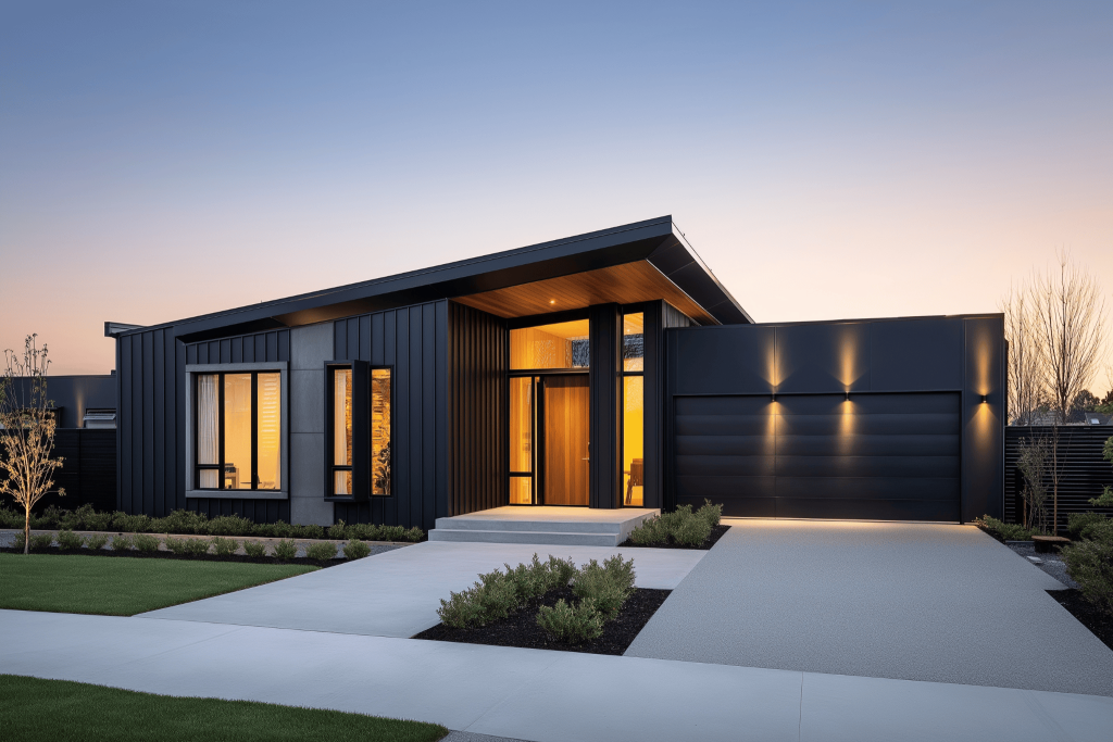 Stylish black modern house design with sleek exterior and warm-lit entryway