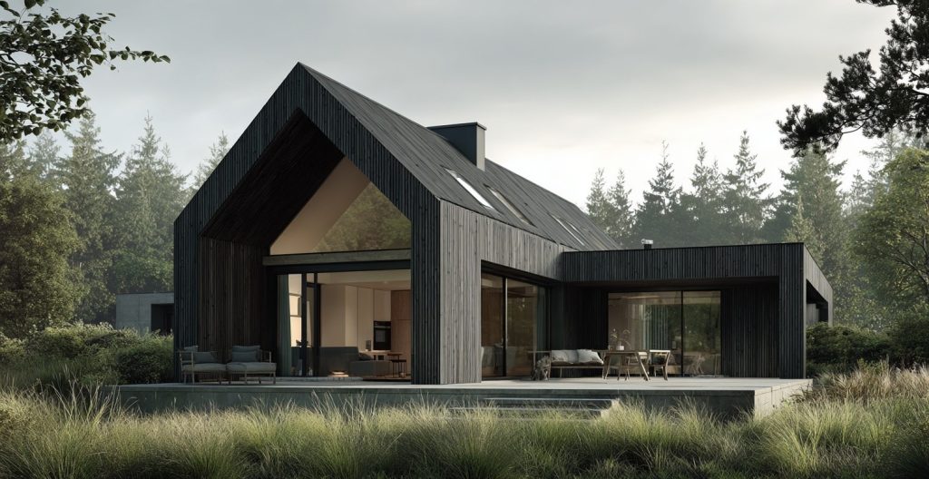 Stylish black modern house design in a forest setting with minimalist architecture