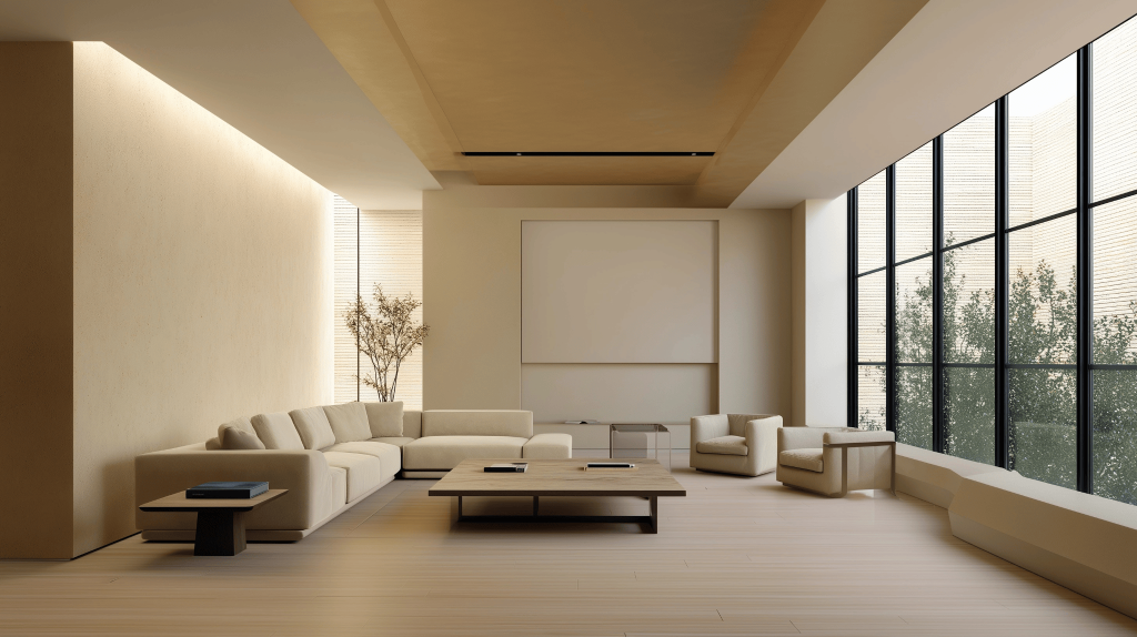 Elegant modern house interior design with beige tones and large glass windows