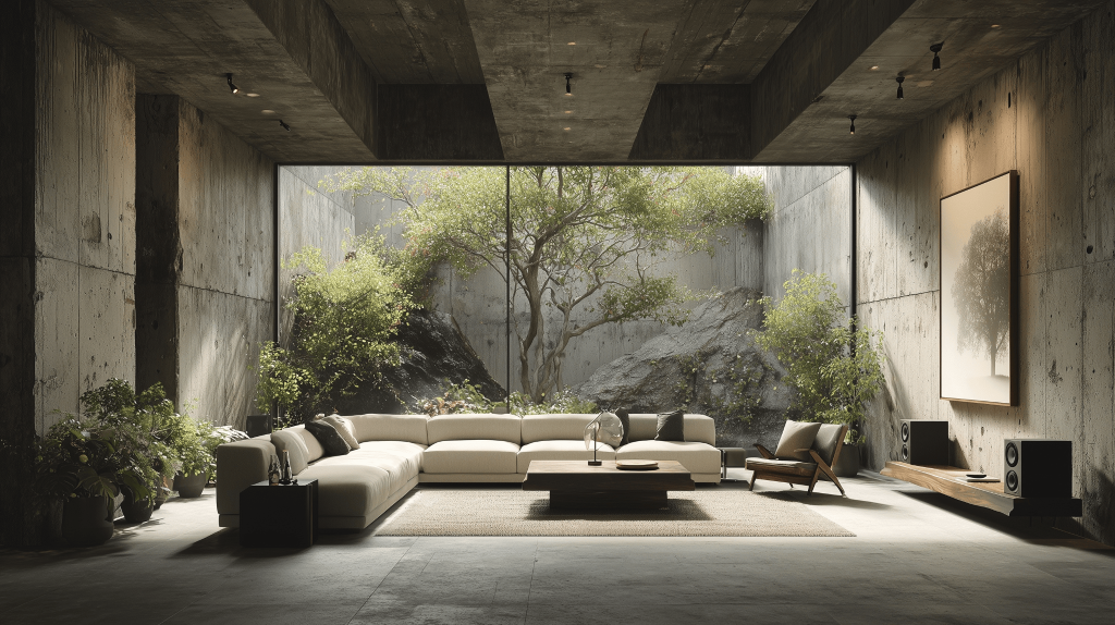 Stylish modern house interior design with open natural courtyard and concrete walls