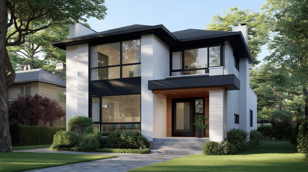 Elegant black modern house design with glass windows and minimal garden setting