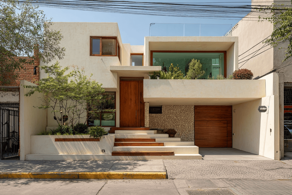 Clean simple modern house design with wooden elements and rooftop greenery