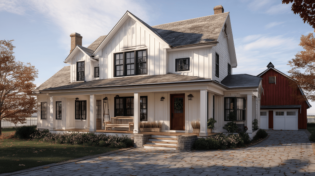 Elegant traditional modern house design with a cozy porch and red barn garage