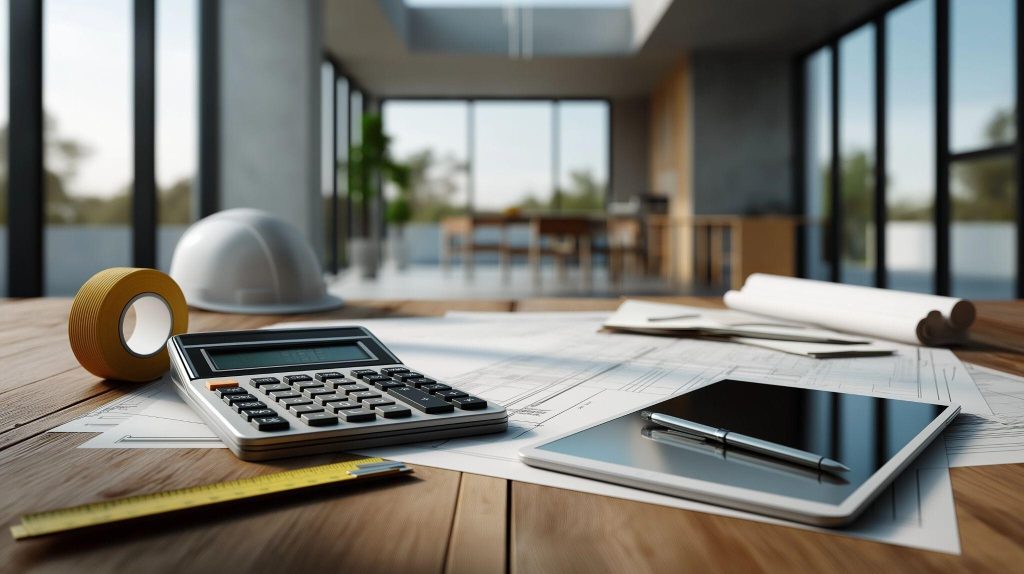 Setup for 3d house plan design with blueprints and construction tools