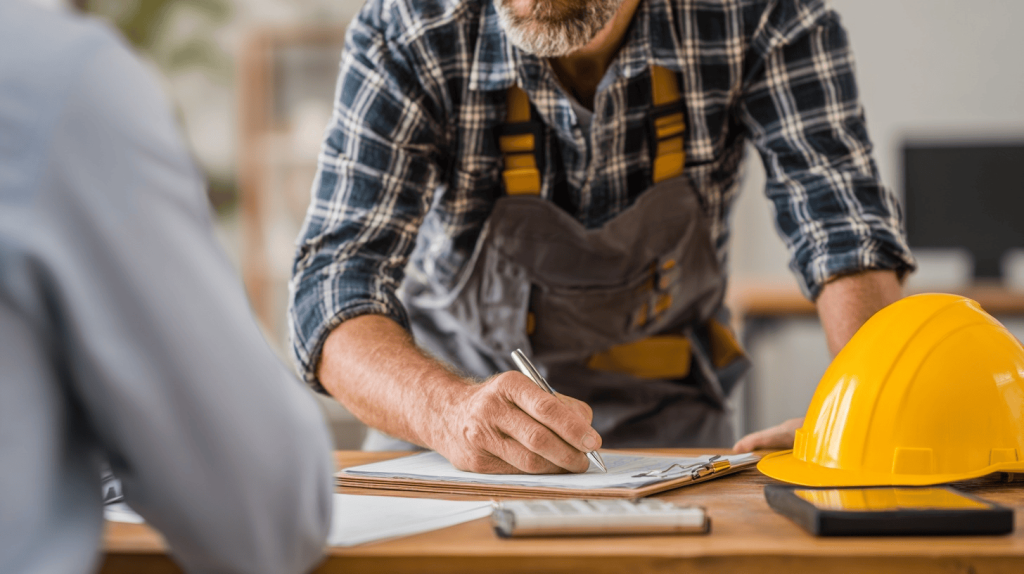 Contractor discussing 3d house plan design details with client on project site