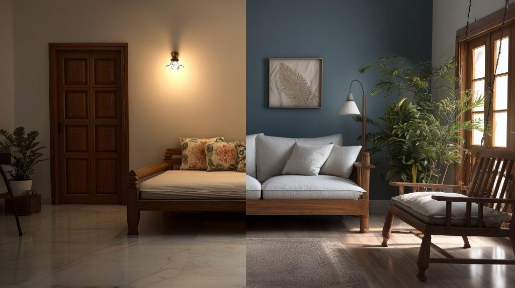 Split-view 3d house interior design showing before and after room transformation