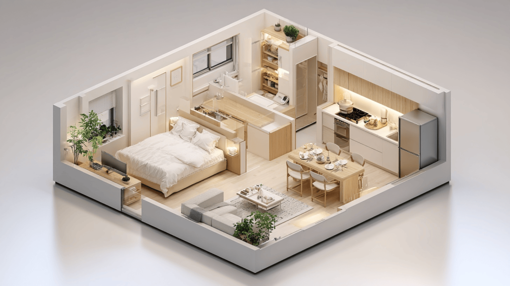 3d house interior design of a compact open-plan studio apartment layout