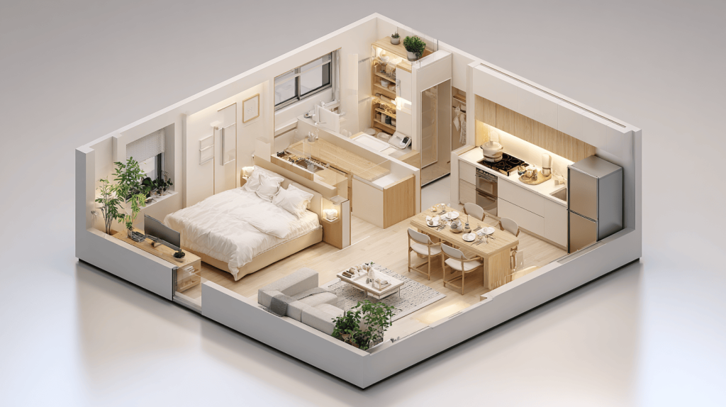 Compact small 3d house design layout with modern bedroom and kitchen setup