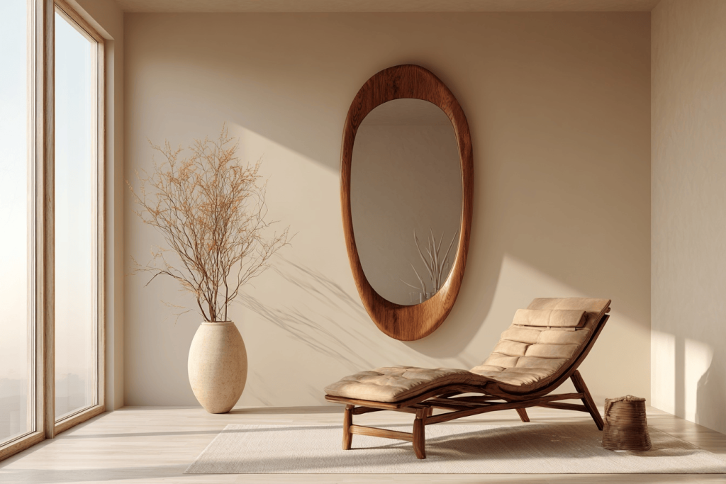 Cozy contemporary small house design reading nook with lounger and decor mirror