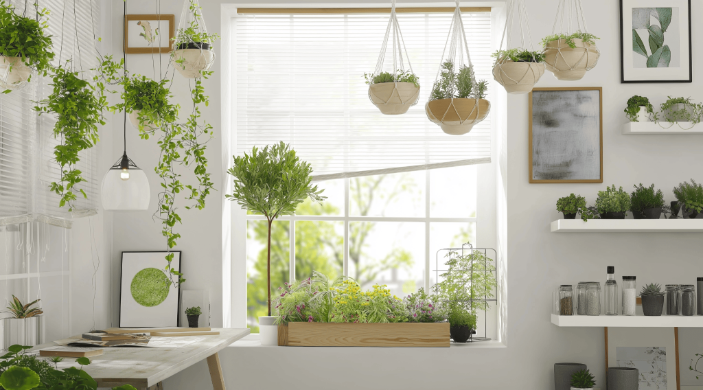 Green beautiful small house design corner with indoor plants and natural sunlight