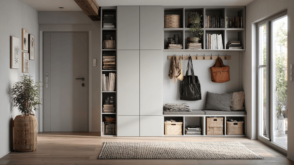 Beautiful small house design entry with smart storage and cozy bench setup