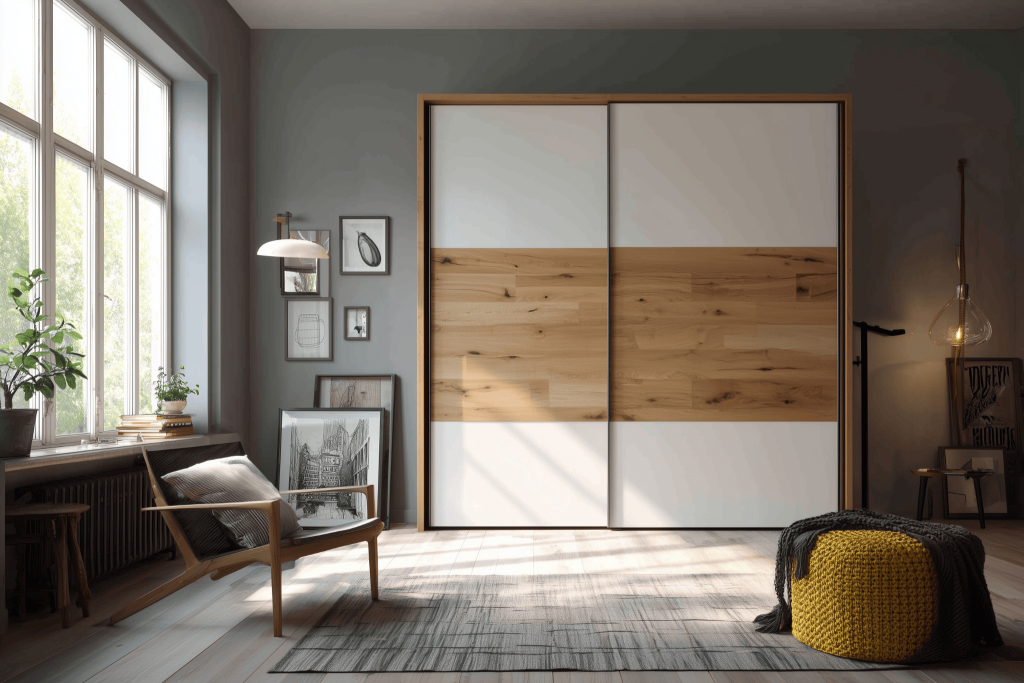 Bright simple small house design room with cozy furniture and sliding wardrobe