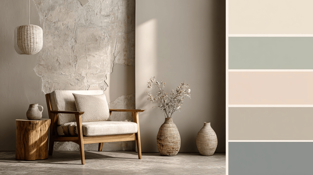 Natural simple small house design corner with earthy tones and mood board palette