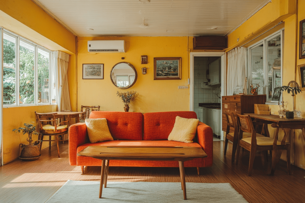 Cozy low cost small house design living room with orange sofa and vintage charm