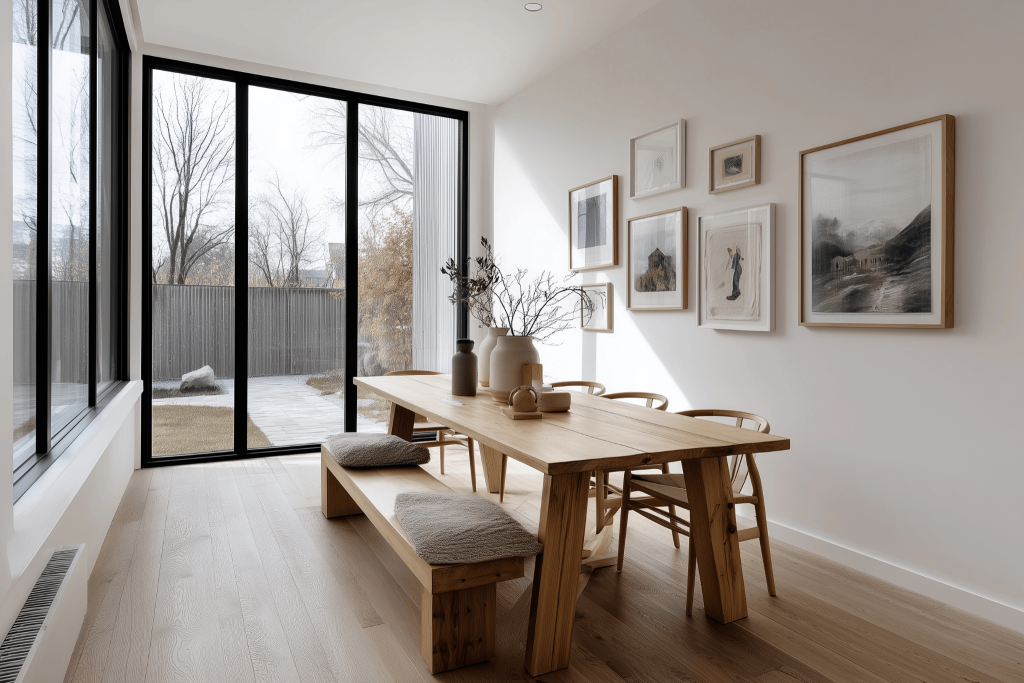 Scandinavian contemporary small house design dining room with art wall and windows