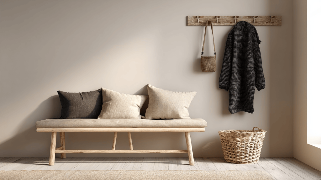 Cozy low cost simple small house design entryway with bench and basket decor