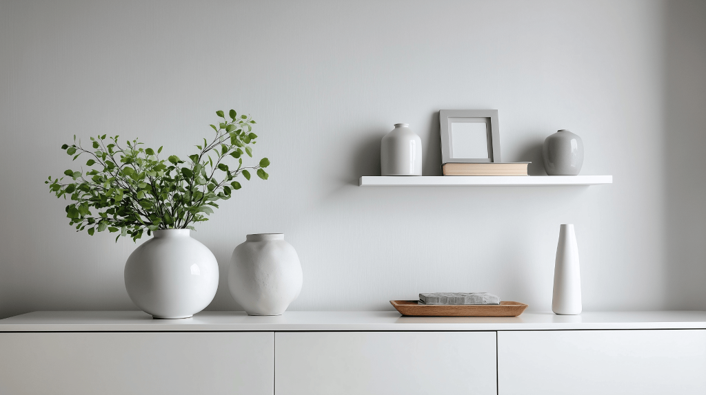 Minimal simple small house design shelf with white pottery and books on display