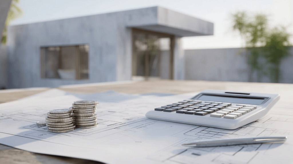 Cost planning for dream house design with blueprint, coins, and calculator