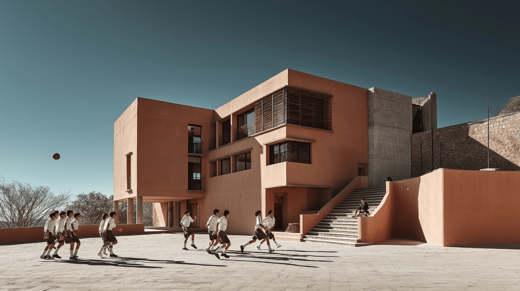 School-like modern dream house design with open courtyard and minimalist walls