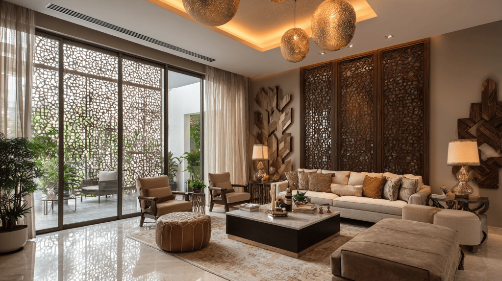 Stunning luxury house design with intricate wooden wall art and soft lighting
