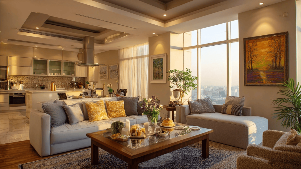 Elegant luxury house interior design with warm lighting and modern cozy decor