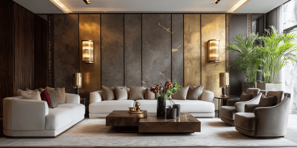 Bold luxury house design with gold panels and plush seating setup