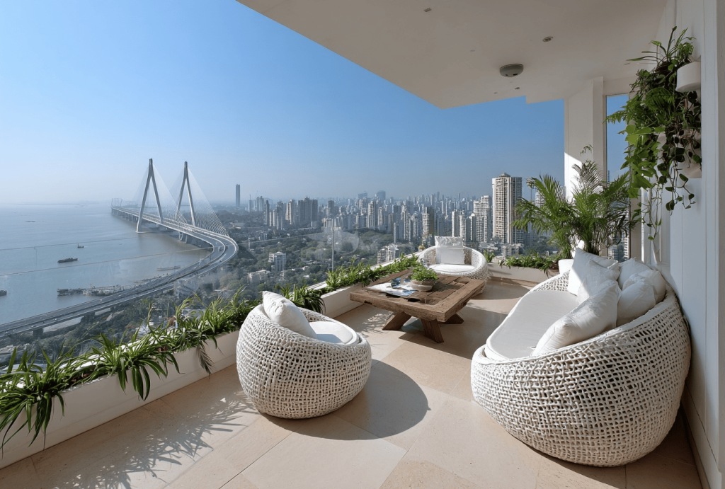 Skyline-view luxury house design balcony with cozy seating and city bridge view