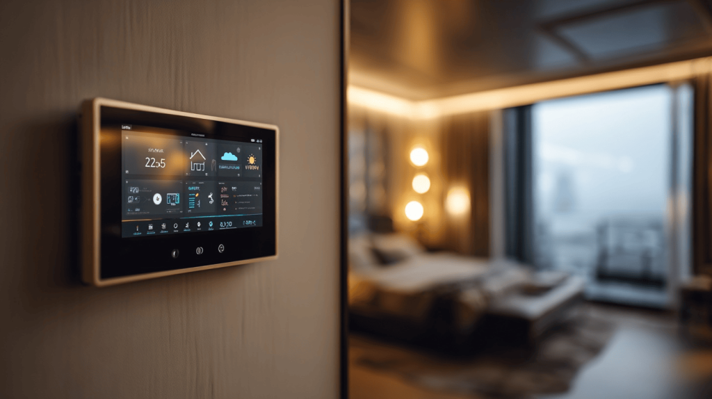 Smart panel in modern luxury house design controlling lights, climate, and security