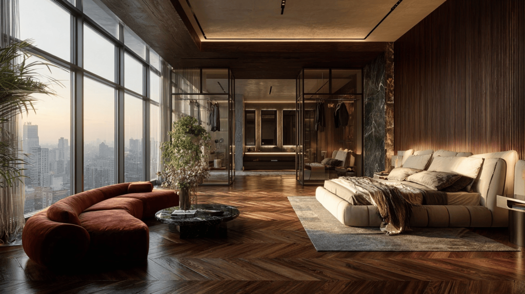 Stunning luxury house design with wooden flooring and skyline views