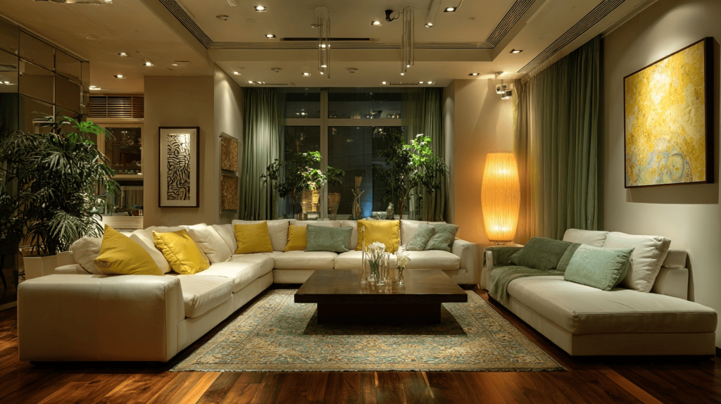 Elegant luxury house interior design with cozy sectional sofas and warm lighting