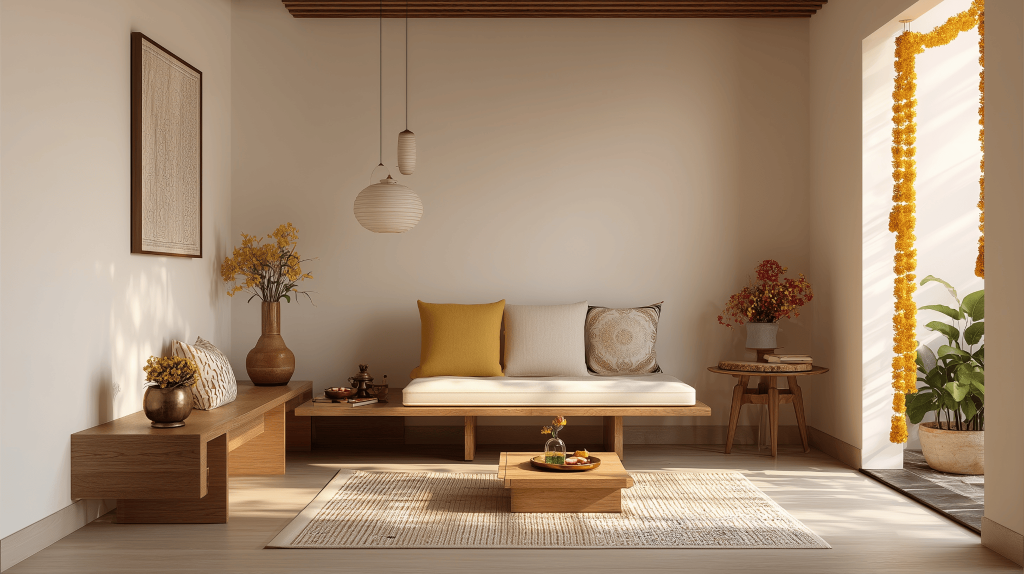 Cozy simple luxury house design with neutral tones and festive floral decor