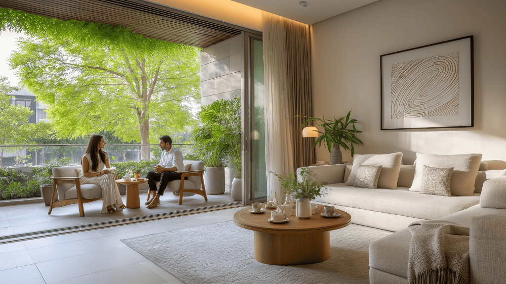 Warm luxury house interior design with open balcony and modern natural decor