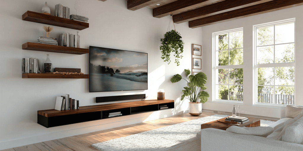 Stylish latest tv unit design 2025 with wood shelves and natural light setting