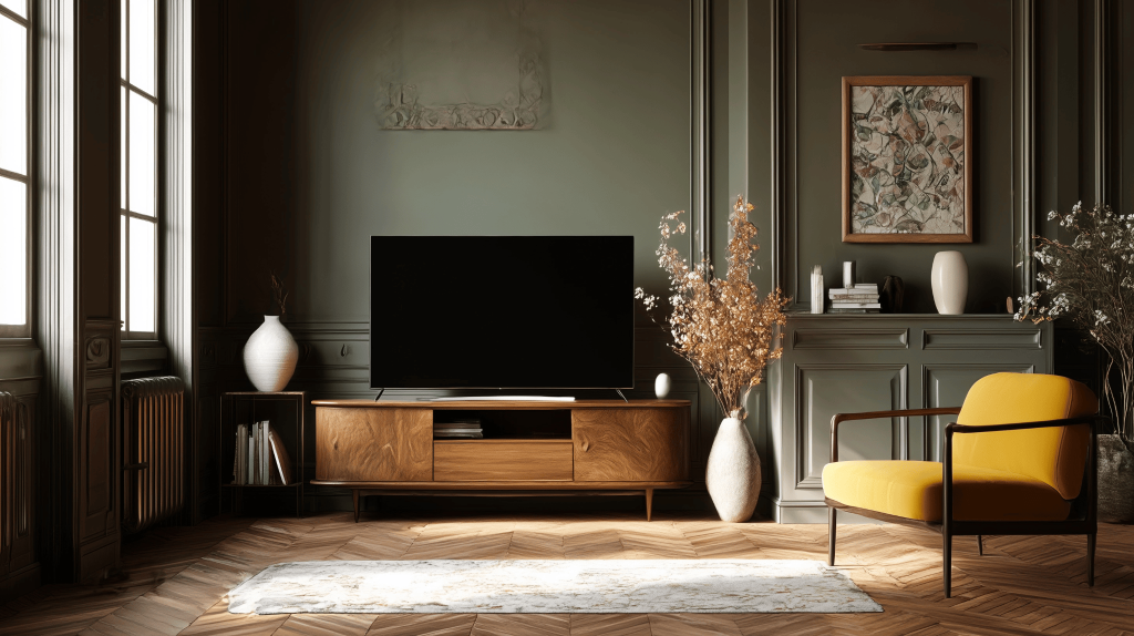 Wooden tv cabinet latest design in a luxe living room with books and warm decor