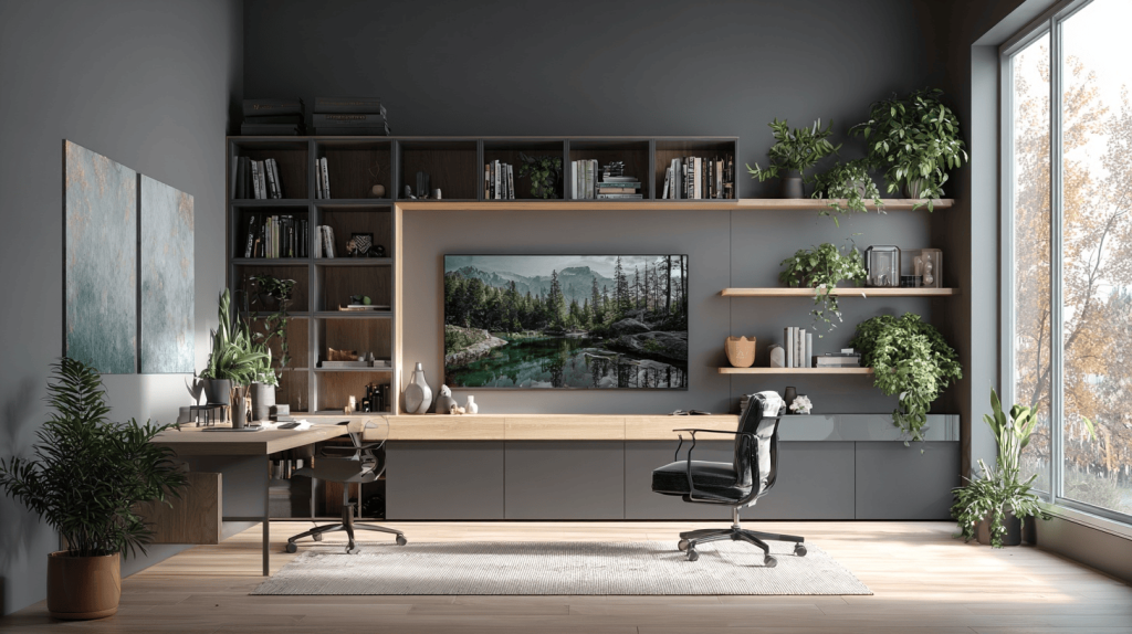 Workspace with simple modern tv unit design, indoor plants, and bookshelves